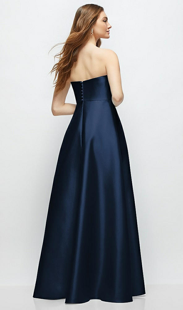 Back View - Midnight Navy Strapless Satin Gown with Full Skirt and Covered Buttons at Back