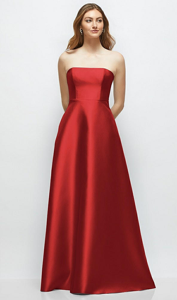 Front View - Poppy Red Strapless Satin Gown with Full Skirt and Covered Buttons at Back