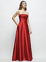 Side View Thumbnail - Poppy Red Strapless Satin Gown with Full Skirt and Covered Buttons at Back