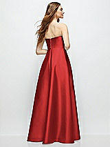 Rear View Thumbnail - Poppy Red Strapless Satin Gown with Full Skirt and Covered Buttons at Back