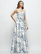 Side View Thumbnail - Cottage Rose Larkspur Strapless Floral Satin Gown with Full Skirt and Covered Buttons at Back
