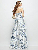 Rear View Thumbnail - Cottage Rose Larkspur Strapless Floral Satin Gown with Full Skirt and Covered Buttons at Back