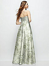 Rear View Thumbnail - Sage Cottage Rose Strapless Floral Satin Gown with Full Skirt and Covered Buttons at Back