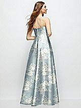Rear View Thumbnail - Porcelain Blue Seraphina Floral Strapless Floral Satin Gown with Full Skirt and Covered Buttons at Back