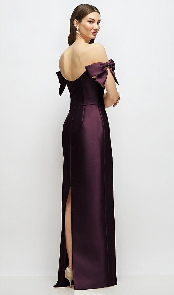 Back View - Deep Plum Basque-Neck Satin Column Maxi Dress with Off-the-Shoulder Bows