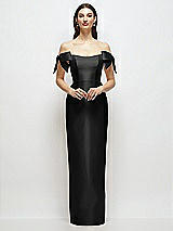 Front View Thumbnail - Black Basque-Neck Satin Column Maxi Dress with Off-the-Shoulder Bows