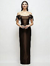 Front View Thumbnail - Espresso Basque-Neck Satin Column Maxi Dress with Off-the-Shoulder Bows