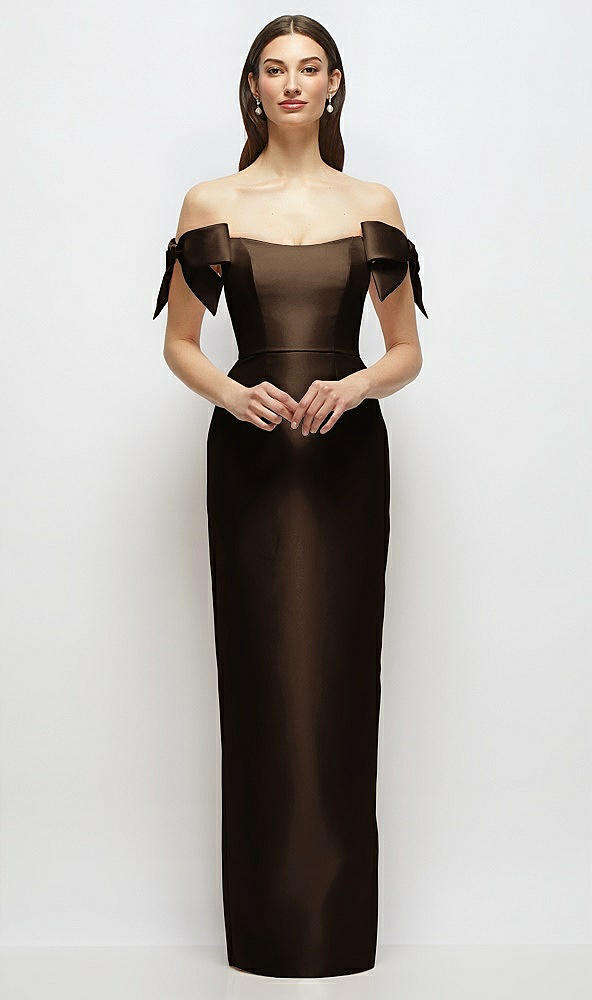 Front View - Espresso Basque-Neck Satin Column Maxi Dress with Off-the-Shoulder Bows