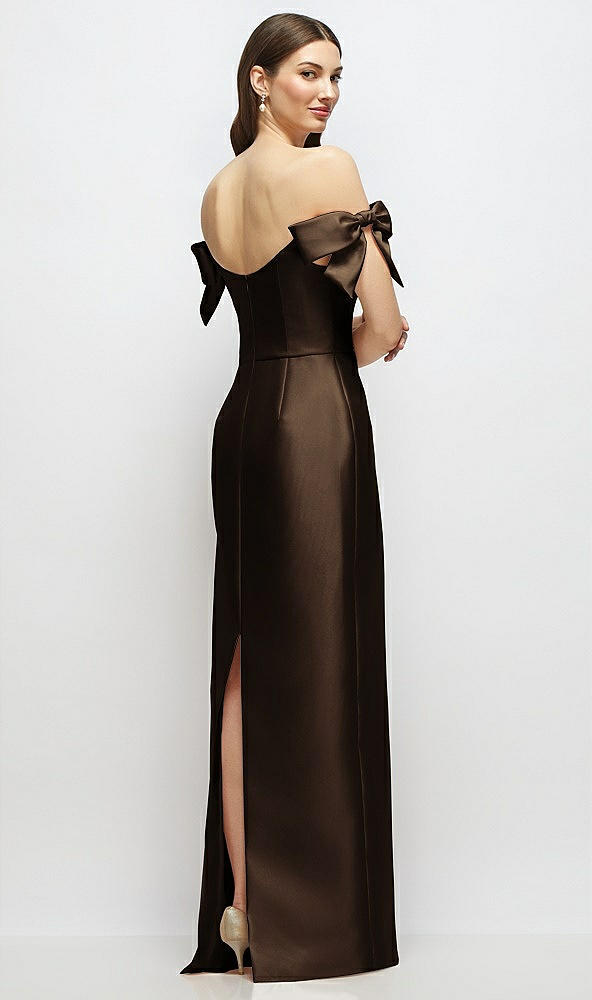 Back View - Espresso Basque-Neck Satin Column Maxi Dress with Off-the-Shoulder Bows
