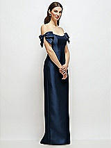 Side View Thumbnail - Midnight Navy Basque-Neck Satin Column Maxi Dress with Off-the-Shoulder Bows