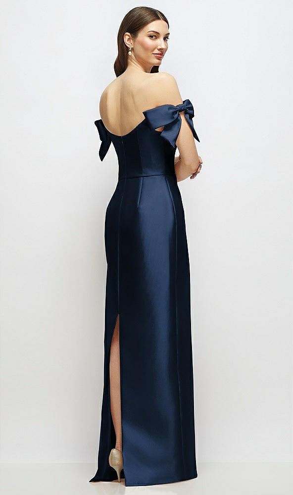 Back View - Midnight Navy Basque-Neck Satin Column Maxi Dress with Off-the-Shoulder Bows