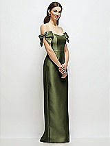 Side View Thumbnail - Olive Green Basque-Neck Satin Column Maxi Dress with Off-the-Shoulder Bows