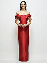 Front View Thumbnail - Poppy Red Basque-Neck Satin Column Maxi Dress with Off-the-Shoulder Bows