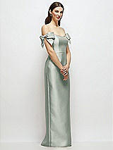 Side View Thumbnail - Willow Green Basque-Neck Satin Column Maxi Dress with Off-the-Shoulder Bows