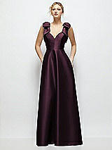 Front View Thumbnail - Deep Plum Deep V-Neck Satin Ball Gown with Shoulder Bows