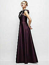 Side View Thumbnail - Deep Plum Deep V-Neck Satin Ball Gown with Shoulder Bows