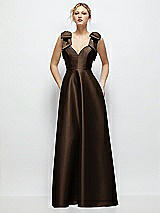 Front View Thumbnail - Espresso Deep V-Neck Satin Ball Gown with Shoulder Bows