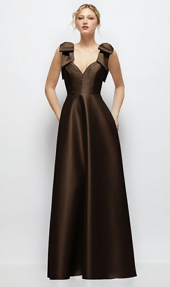 Front View - Espresso Deep V-Neck Satin Ball Gown with Shoulder Bows