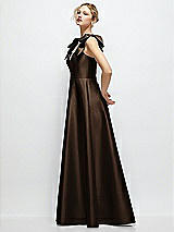 Side View Thumbnail - Espresso Deep V-Neck Satin Ball Gown with Shoulder Bows
