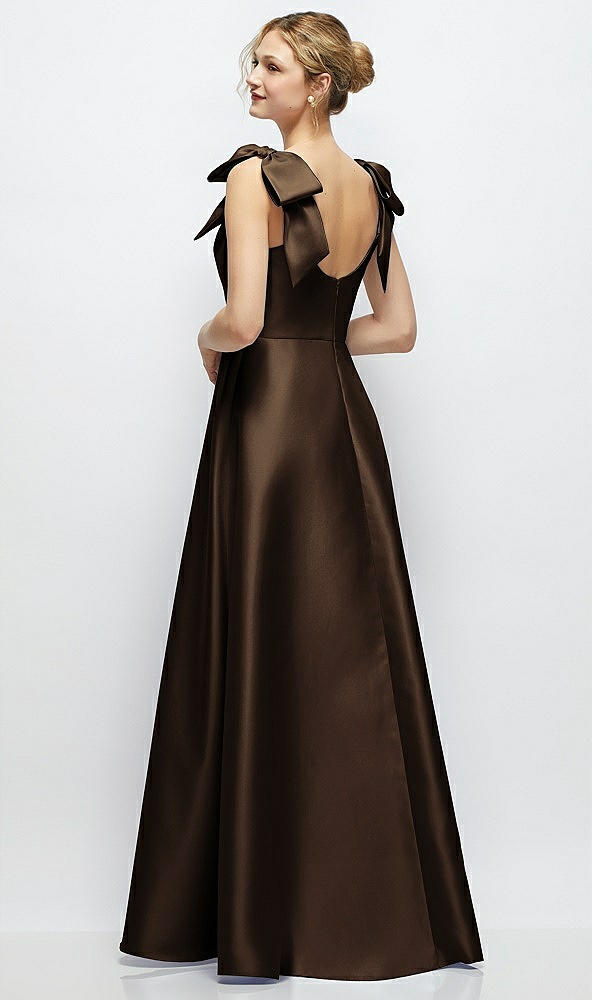 Back View - Espresso Deep V-Neck Satin Ball Gown with Shoulder Bows