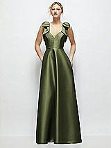 Front View Thumbnail - Olive Green Deep V-Neck Satin Ball Gown with Shoulder Bows