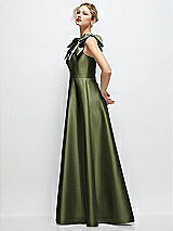Side View Thumbnail - Olive Green Deep V-Neck Satin Ball Gown with Shoulder Bows