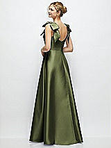 Rear View Thumbnail - Olive Green Deep V-Neck Satin Ball Gown with Shoulder Bows