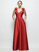 Front View Thumbnail - Poppy Red Deep V-Neck Satin Ball Gown with Shoulder Bows