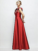 Side View Thumbnail - Poppy Red Deep V-Neck Satin Ball Gown with Shoulder Bows