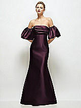 Front View Thumbnail - Deep Plum Off-the-Shoulder Puff Sleeve Satin Maxi Dress with Flared Skirt