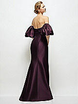 Rear View Thumbnail - Deep Plum Off-the-Shoulder Puff Sleeve Satin Maxi Dress with Flared Skirt