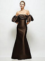 Front View Thumbnail - Espresso Off-the-Shoulder Puff Sleeve Satin Maxi Dress with Flared Skirt