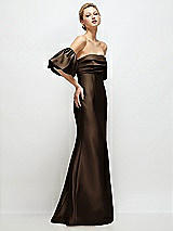 Side View Thumbnail - Espresso Off-the-Shoulder Puff Sleeve Satin Maxi Dress with Flared Skirt