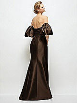 Rear View Thumbnail - Espresso Off-the-Shoulder Puff Sleeve Satin Maxi Dress with Flared Skirt