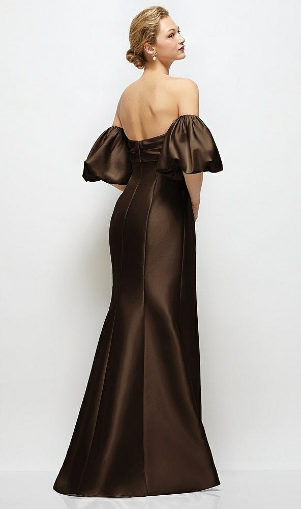 Back View - Espresso Off-the-Shoulder Puff Sleeve Satin Maxi Dress with Flared Skirt