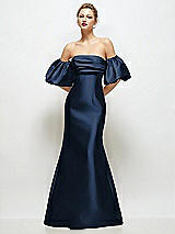 Front View Thumbnail - Midnight Navy Off-the-Shoulder Puff Sleeve Satin Maxi Dress with Flared Skirt