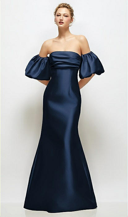 Off-the-shoulder Puff Sleeve Satin Maxi Bridesmaid Dress With Flared Skirt  In Midnight Navy
