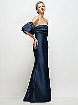 Side View Thumbnail - Midnight Navy Off-the-Shoulder Puff Sleeve Satin Maxi Dress with Flared Skirt