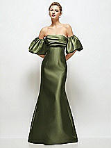 Front View Thumbnail - Olive Green Off-the-Shoulder Puff Sleeve Satin Maxi Dress with Flared Skirt