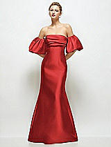 Front View Thumbnail - Poppy Red Off-the-Shoulder Puff Sleeve Satin Maxi Dress with Flared Skirt