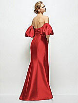 Rear View Thumbnail - Poppy Red Off-the-Shoulder Puff Sleeve Satin Maxi Dress with Flared Skirt