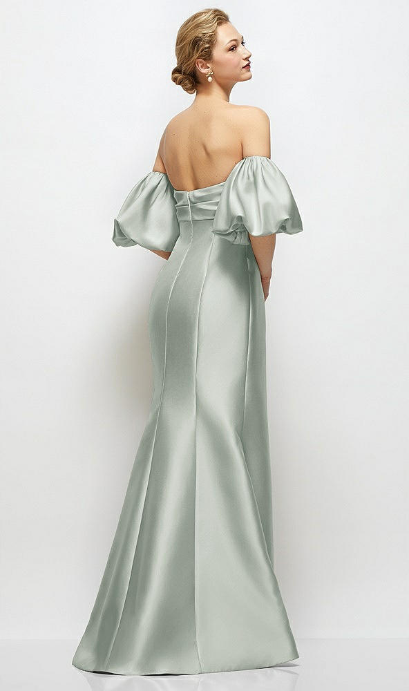 Back View - Willow Green Off-the-Shoulder Puff Sleeve Satin Maxi Dress with Flared Skirt