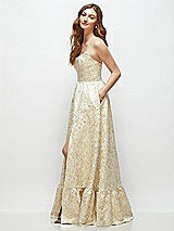 Side View Thumbnail - Champagne Filigree Strapless Cat-Eye Boned Bodice Brocade Maxi Dress with Ruffle Hem