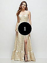 Video 1 Thumbnail - Champagne Filigree Strapless Cat-Eye Boned Bodice Brocade Maxi Dress with Ruffle Hem