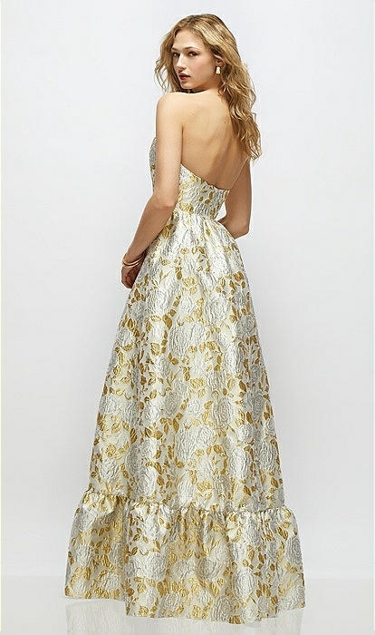 Strapless Cat-eye Boned Bodice Gold Leaf Brocade Maxi Bridesmaid Dress With  Ruffle Hem In Winter Rose | The Dessy Group