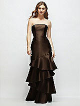 Front View Thumbnail - Espresso Strapless Bodycon Maxi Dress with Tiered Ruffle Skirt