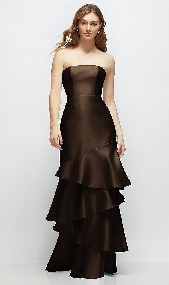 Front View - Espresso Strapless Bodycon Maxi Dress with Tiered Ruffle Skirt