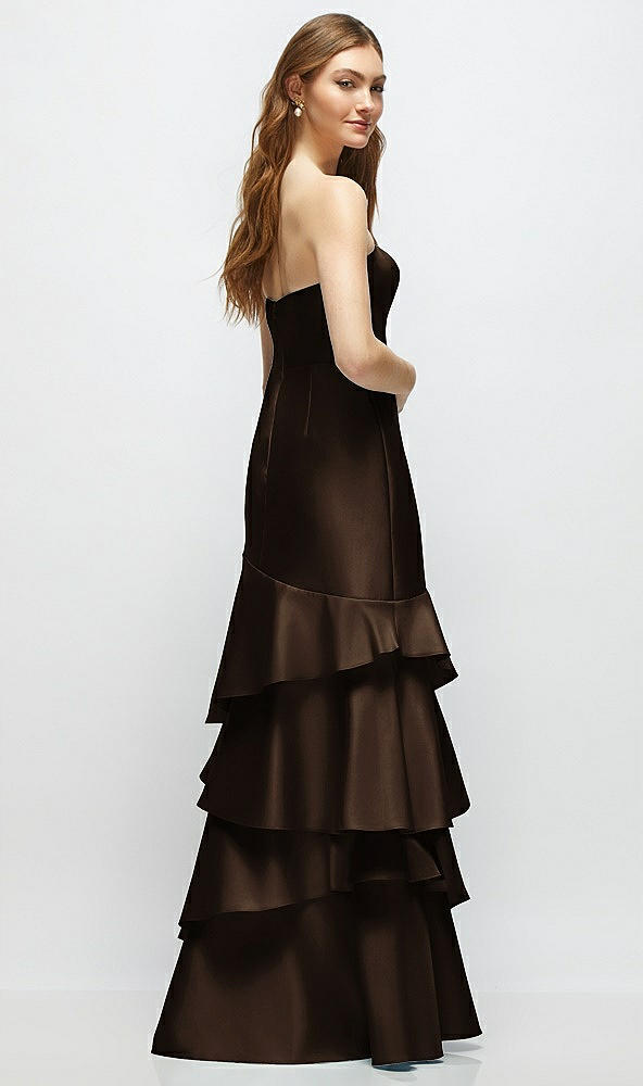 Back View - Espresso Strapless Bodycon Maxi Dress with Tiered Ruffle Skirt