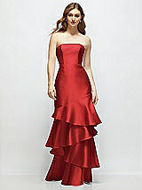 Front View Thumbnail - Poppy Red Strapless Bodycon Maxi Dress with Tiered Ruffle Skirt