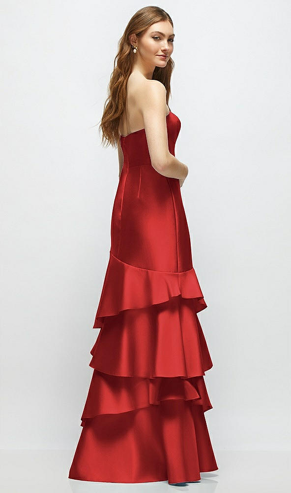 Back View - Poppy Red Strapless Bodycon Maxi Dress with Tiered Ruffle Skirt